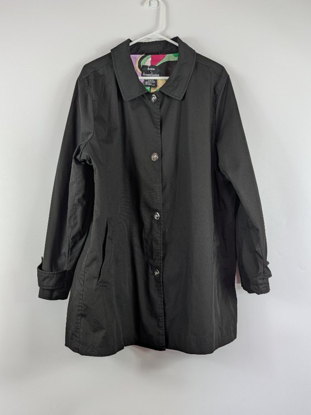 Dennis Dennis Basso Black Swing Raincoat Button Front Jacket 2X Patterned Lining